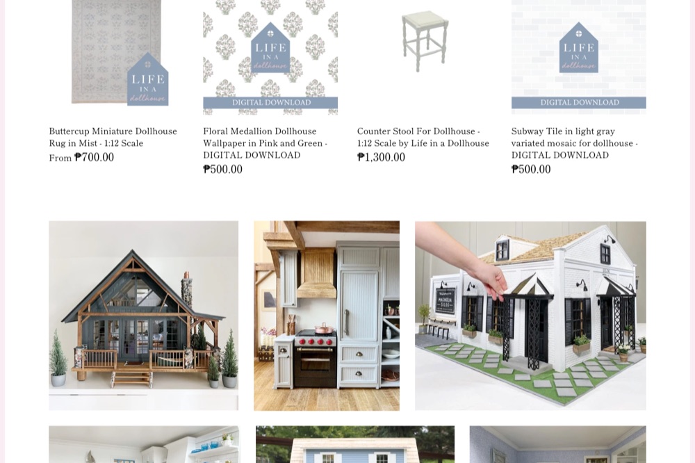 The current homepage at 1440 px: a row of product cards with the shop's house-shaped watermark over each photo, then an uneven grid of dollhouse photographs with no captions