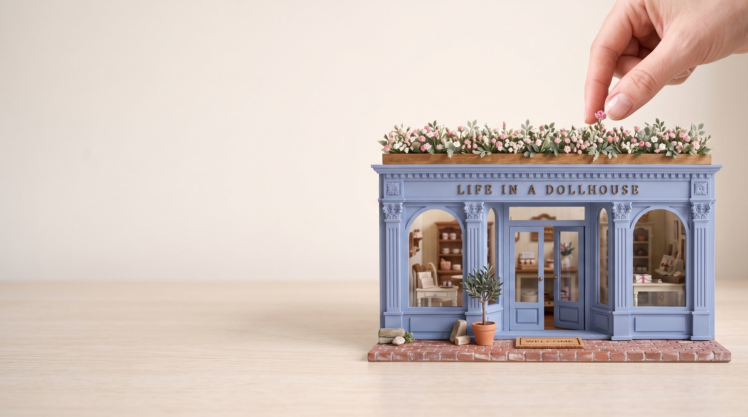 A periwinkle blue 1:12 scale miniature shopfront on a pale wooden tabletop, brass letters reading Life In A Dollhouse, a planter of tiny pink flowers along its roof, and a fingertip reaching in from above to adjust one flower