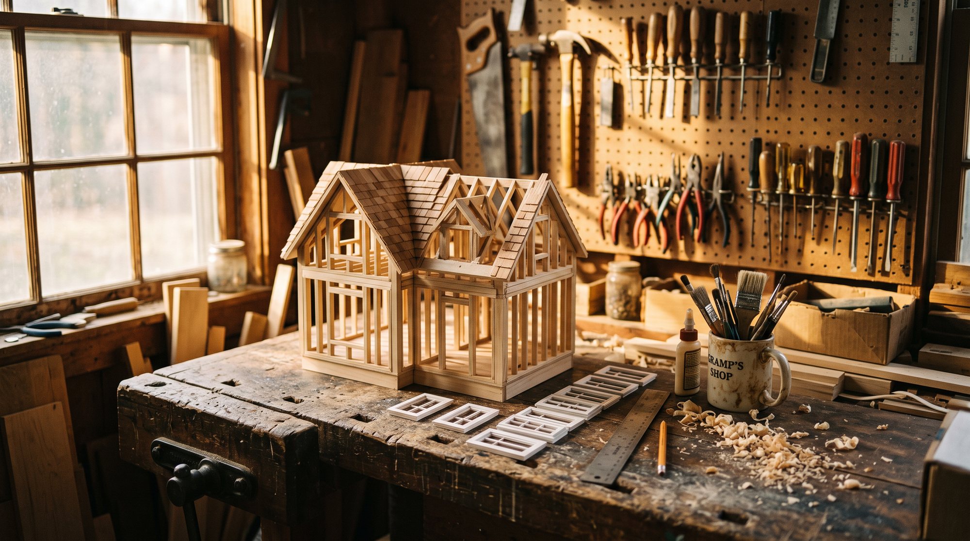A half-built basswood dollhouse frame with cedar shingles on a grandfather's workbench, tools on the pegboard behind, afternoon sun through the window